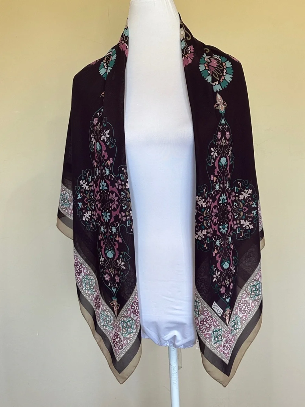 Eggplant Plum Scarf Floral Beige Border Teal Pink Lightweight Wrap by Alvise